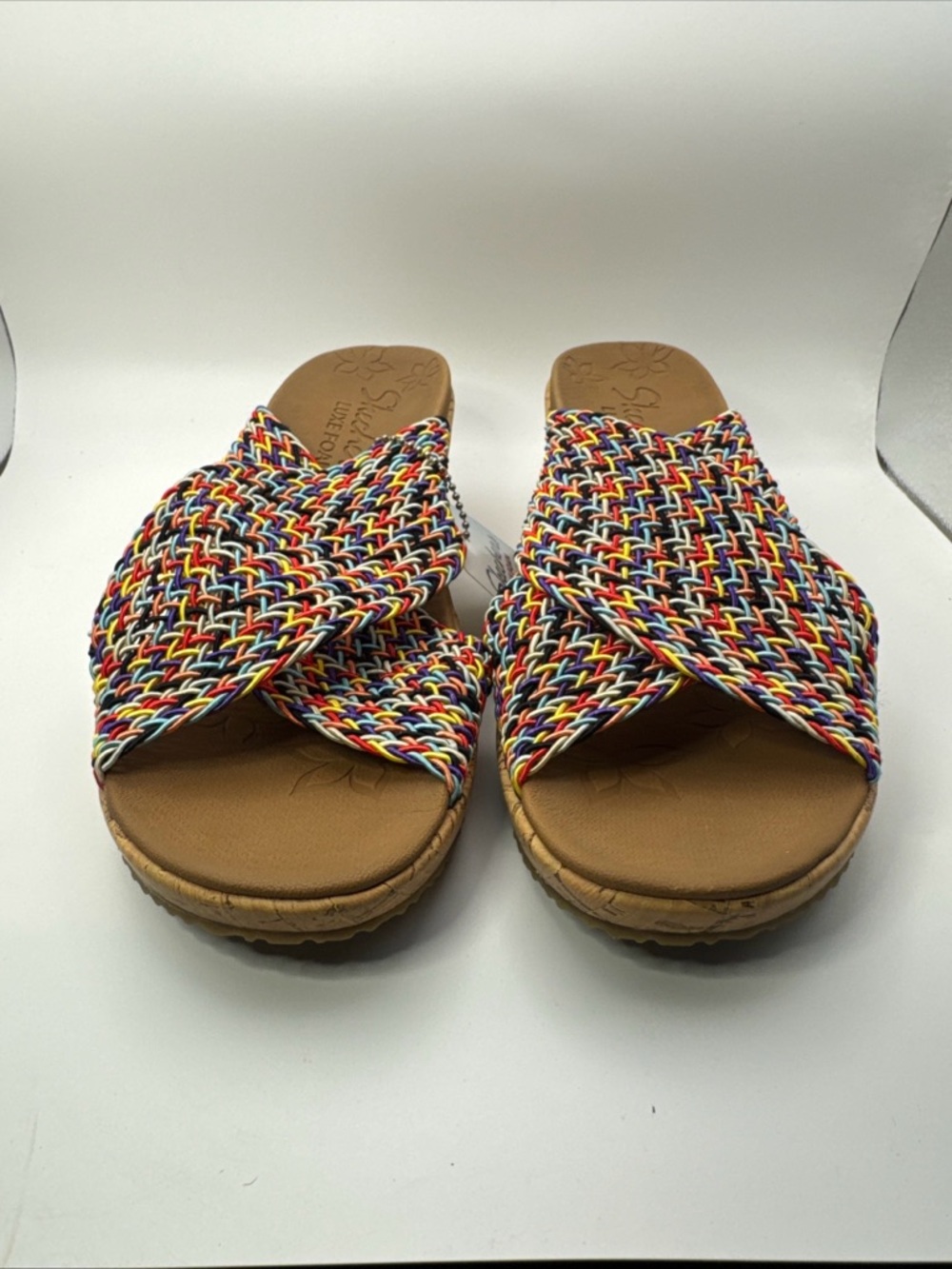 Women's Skechers Luxe Foam Beverlee Rainbow Wedge Slides Faux Cork Sandals Sz 8n
